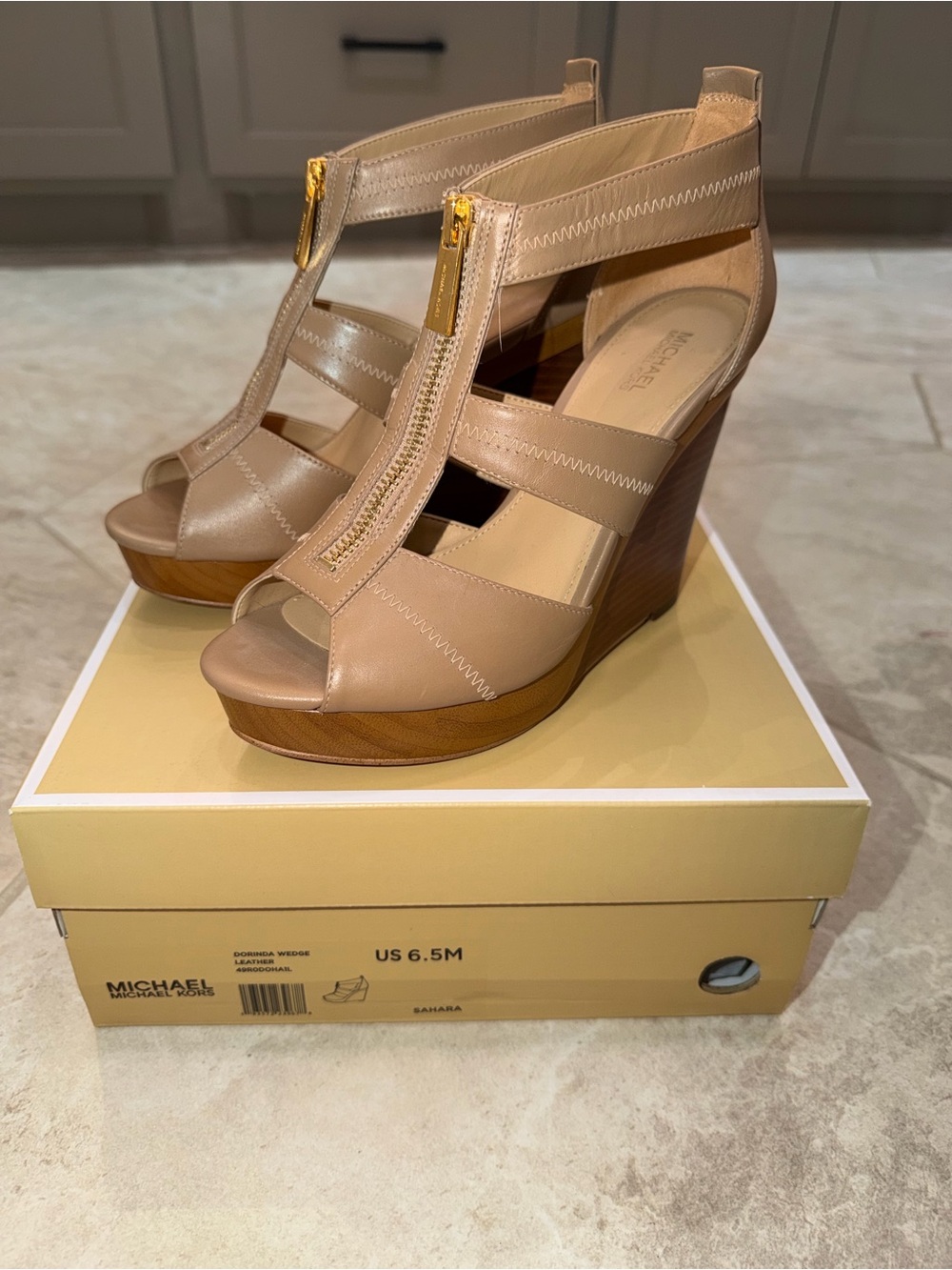 Michael Kors Beige Leather T-Strap Zip Wedge Sandals